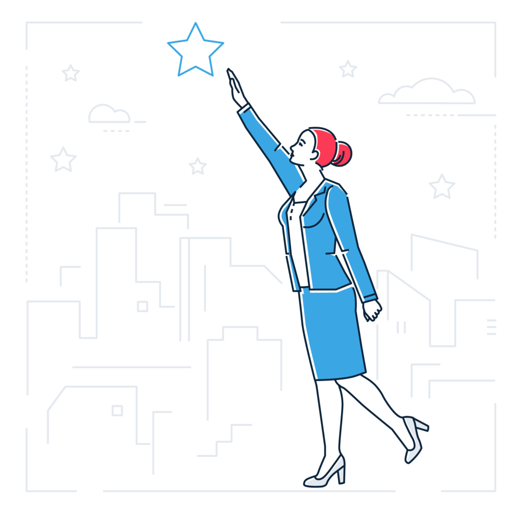 Business woman reaching for a star with a city scape in the background.